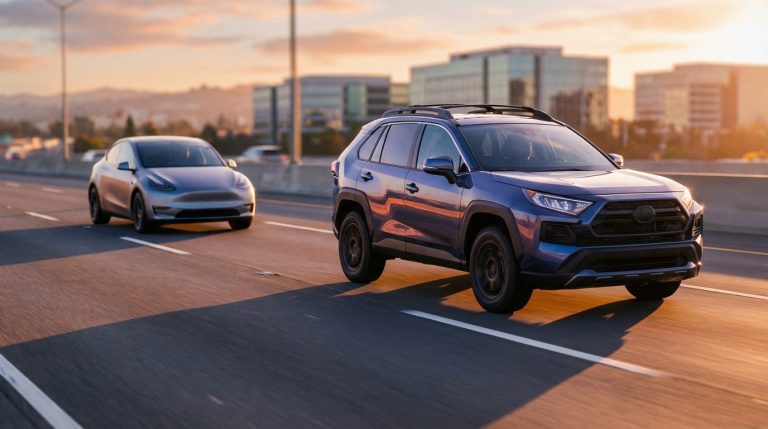 Photorealistic image: a blue SUV in focus on a highway at sunrise, with a silver electric SUV blurred in the background.
