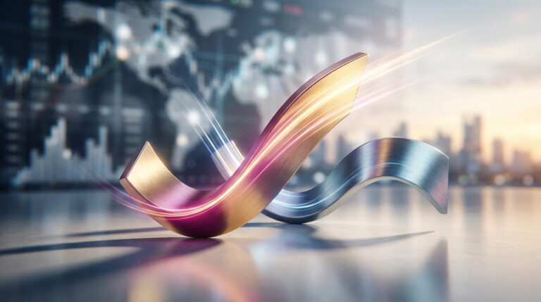 Deux formes métalliques courbées, or et argent, avec des traînées lumineuses, sur fond de graphiques boursiers et ville.