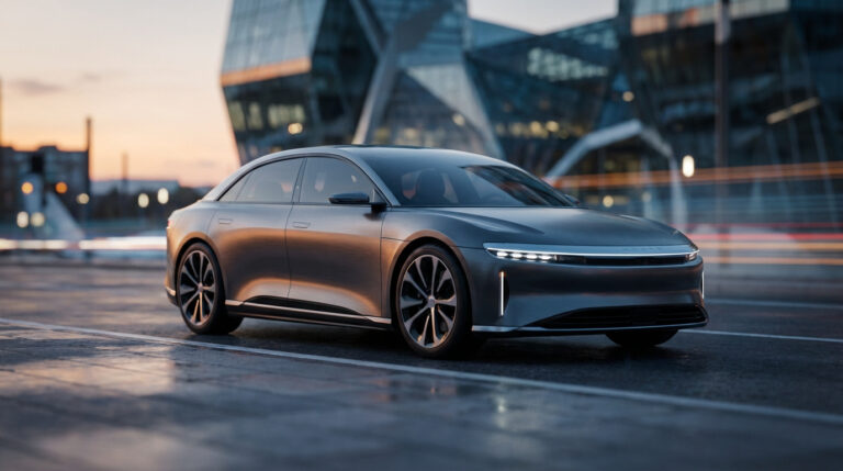 Une berline électrique Lucid Air gris foncé, phares allumés, garée sur une rue humide de ville avec architecture moderne.