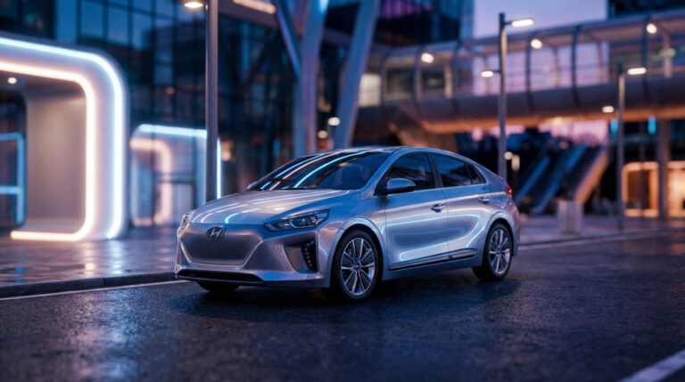 Voiture électrique Hyundai IONIQ argentée sur route mouillée la nuit, devant des bâtiments modernes éclairés aux néons bleus et blancs.