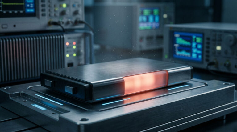 Gros plan sur une batterie futuriste rougeoyante sur une plateforme de test, avec des équipements de laboratoire en arrière-plan.