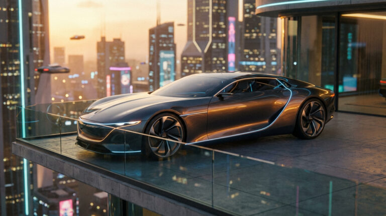 Jaguar concept électrique gris sur terrasse haute. Design futuriste, lumières néon, ville moderne et véhicules volants en arrière-plan.