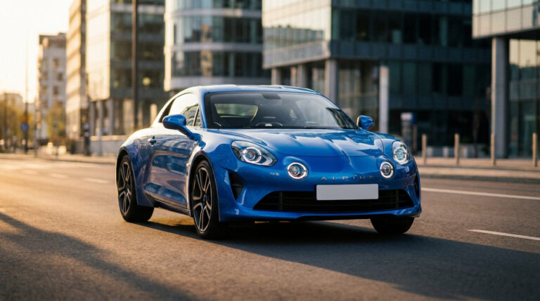 Alpine A290 bleue sportive sur route urbaine au lever/coucher du soleil, bâtiments modernes en arrière-plan. Phares allumés.