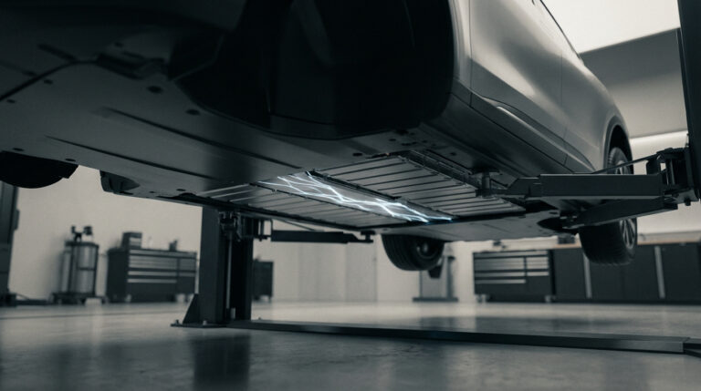 Dessous d'un SUV Volvo EX30 sur un pont élévateur, montrant le pack batterie éclairé par des décharges électriques dans un garage.