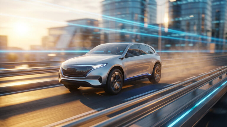 SUV électrique argenté futuriste, type BMW iX3, roulant sur une autoroute urbaine high-tech au lever du soleil.