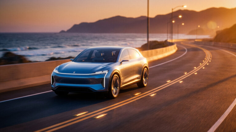 Crossover électrique argenté/bleu filant sur une route côtière au coucher du soleil, avec l'océan et les montagnes en arrière-plan.