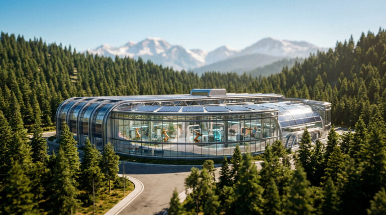 Usine circulaire futuriste avec panneaux solaires, entourée de forêts et montagnes. Robots de production visibles à travers les baies vitrées.