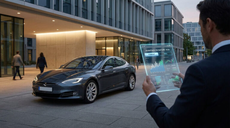 Un homme d'affaires utilise une tablette transparente affichant les avantages en nature d'une voiture, devant une Tesla Model S.