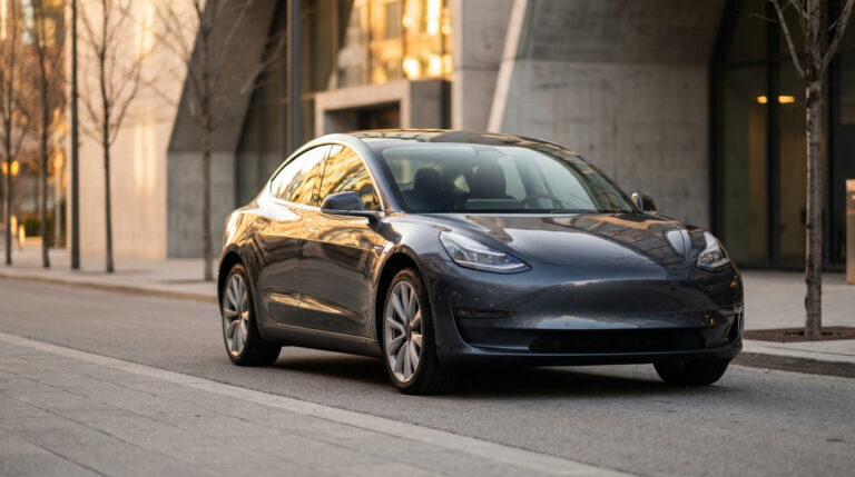 Voiture électrique Tesla Model 3 gris anthracite garée sur une rue urbaine, reflets dorés du soleil couchant.