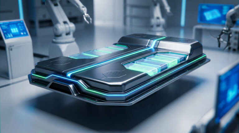 Batterie futuriste éclairée en bleu et vert dans un labo. Bras robotiques et écrans numériques en arrière-plan.