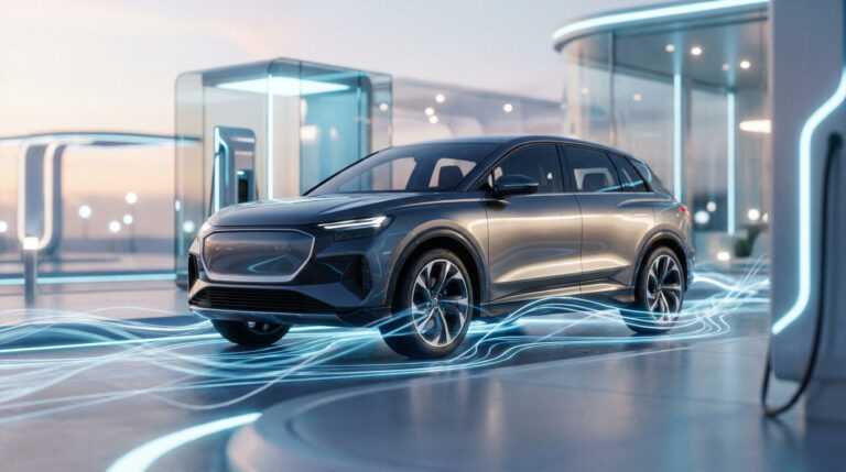 SUV électrique gris anthracite en pleine recharge dans une station futuriste. Des traînées de lumière bleue symbolisent l'énergie.