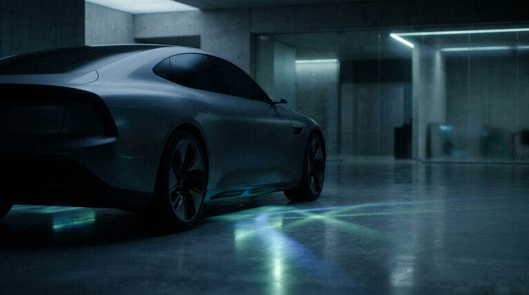 Vue latérale arrière d'une voiture électrique moderne et sombre dans un garage futuriste, avec reflets lumineux bleus et verts sur le sol.