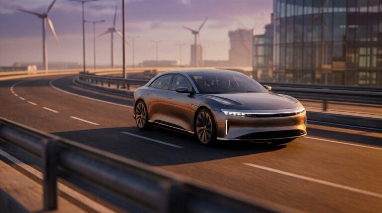 Une berline électrique Lucid Air grise roule sur une route moderne au coucher du soleil, avec éoliennes et bâtiments en arrière-plan.