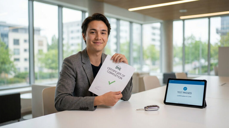 Un jeune homme souriant tient un certificat de réussite après un test psychotechnique.