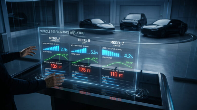 Interface holographique affichant des données techniques comparatives entre trois modèles de voitures dans un garage.