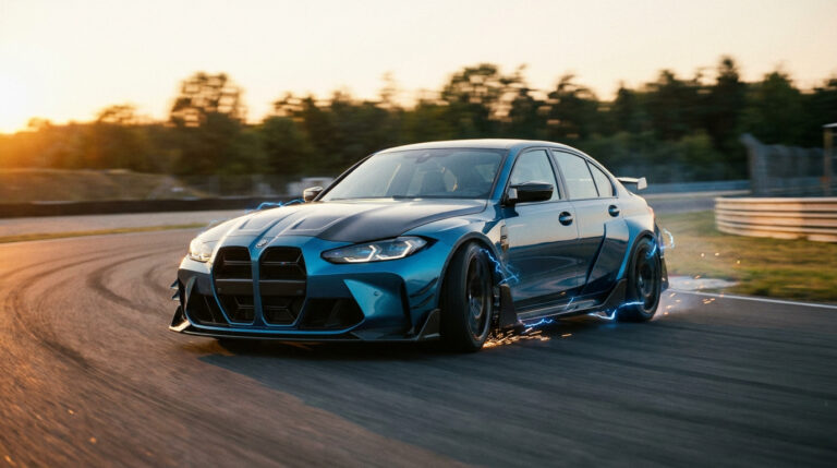 BMW M3 bleue électrique sur un circuit de course au coucher du soleil avec des effets d'éclairs autour des roues.