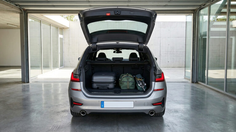 Vue arrière du coffre ouvert d'une BMW 330e Touring grise avec des bagages à l'intérieur dans un garage moderne.