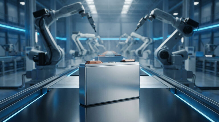 Cellule de batterie sur convoyeur dans une usine futuriste. Bras robotiques en arrière-plan sous des lumières bleues.