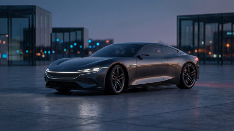 Coupé électrique Lynk & Co GT gris foncé, élégant, garé sur une surface en béton au crépuscule. Phares LED allumés.