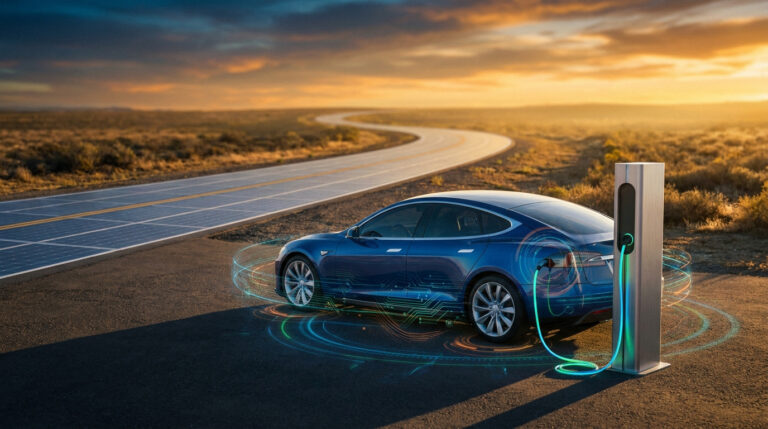 Une voiture électrique bleue en charge avec des graphismes numériques entourant sa batterie au coucher du soleil.
