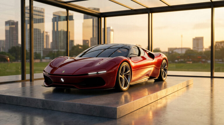 La Ferrari Luce, une voiture électrique rouge aux lignes futuristes, exposée dans un showroom vitré au coucher du soleil.