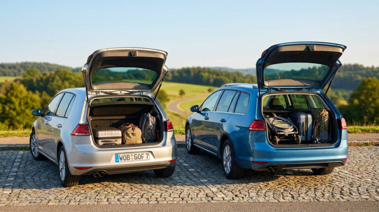 Comparaison visuelle entre une Volkswagen Golf 7 et une Golf 7 SW avec leurs coffres ouverts chargés de bagages.