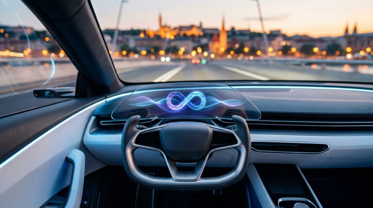 Vue du poste de pilotage futuriste d'une voiture Tesla avec un symbole d'infini holographique sur le tableau de bord.