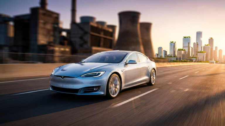 Une Tesla Model S argentée roule sur une autoroute, juxtaposant une usine industrielle et une ville verte moderne au lever du soleil.