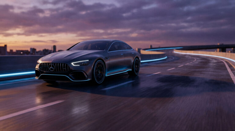 Une Mercedes-AMG électrique roule sur une route futuriste au coucher du soleil avec des lignes de lumière bleue.