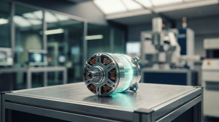 Un moteur électrique high-tech avec un éclairage néon bleu posé sur un socle métallique dans un laboratoire industriel.