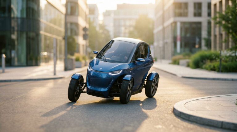 Un quadricycle électrique bleu au design futuriste sur une rue de ville ensoleillée, entouré de bâtiments modernes.