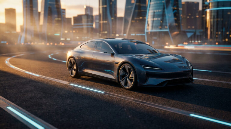 Voiture de sport électrique élégante roulant sur une route futuriste au coucher du soleil avec des gratte-ciels.
