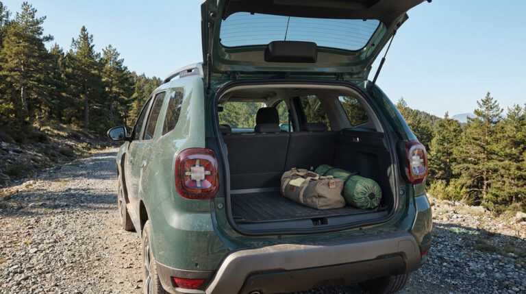 Coffre ouvert d'un Dacia Duster vert stationné sur un chemin forestier avec des sacs de voyage à l'intérieur.