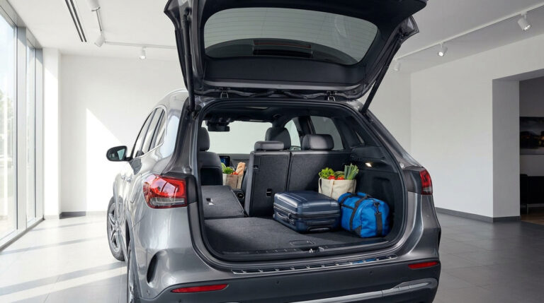 Coffre ouvert d'une Audi Q3 grise avec sièges rabattus, valise, sac de sport et sacs de courses à l'intérieur.
