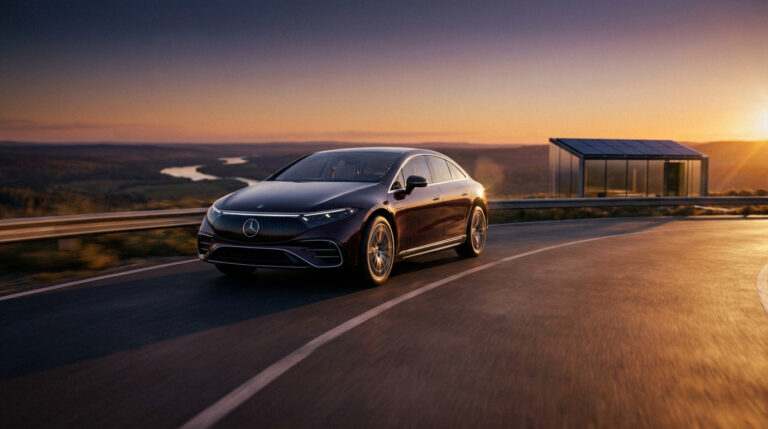 Une berline Mercedes-Benz EQS électrique circulant sur une route sinueuse au coucher du soleil.
