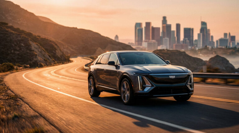 SUV électrique gris roulant sur une route côtière au coucher du soleil avec une skyline de ville en arrière-plan.