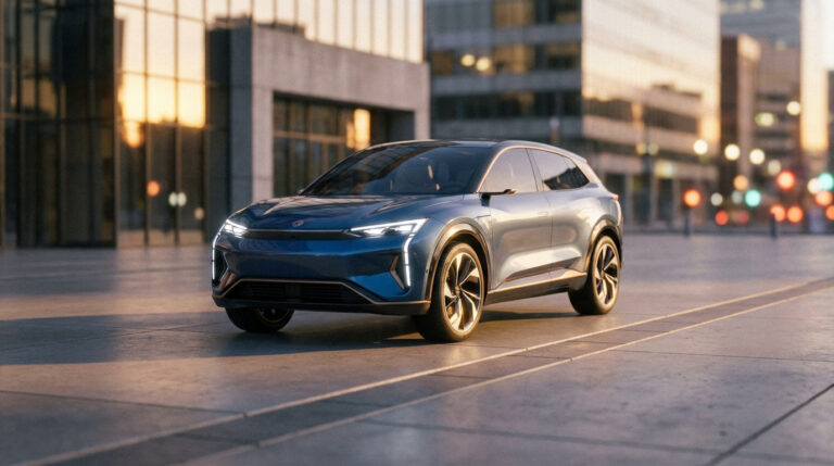 Un SUV électrique bleu Kia EV2 circulant dans une rue urbaine moderne au coucher du soleil.