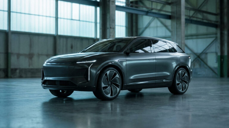 SUV électrique Lucid Gravity gris stationné dans un grand entrepôt industriel lumineux.