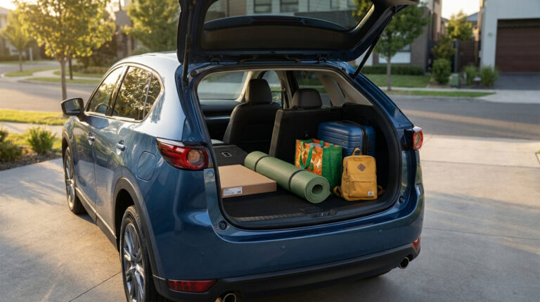 Coffre ouvert d'un SUV bleu rempli de bagages, sacs et tapis de yoga, garé dans une allée résidentielle.
