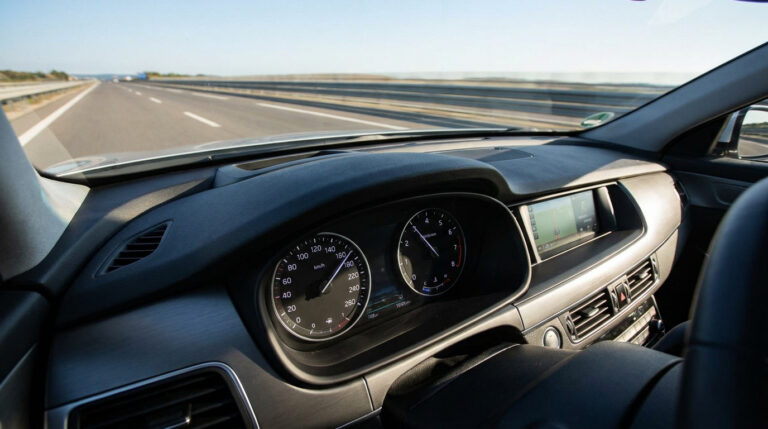 Vue du tableau de bord d'une voiture roulant à 130 km/h sur une autoroute dégagée.