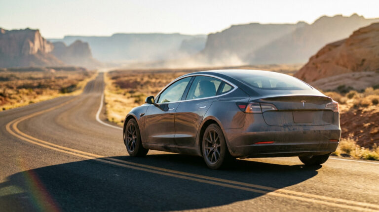 Tesla Model 3 grise sur une route désertique au lever/coucher du soleil, montagnes en fond. Reflète 610 000 km de durabilité.