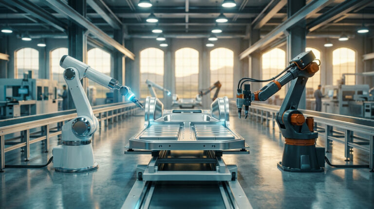 Bras robotisés assemblant un châssis de voiture électrique dans une usine moderne à la lumière du jour.