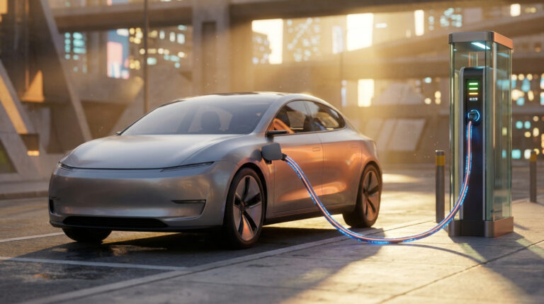 Une voiture électrique Lucid argentée se recharge à une borne futuriste en ville, sous une lumière dorée du coucher de soleil.