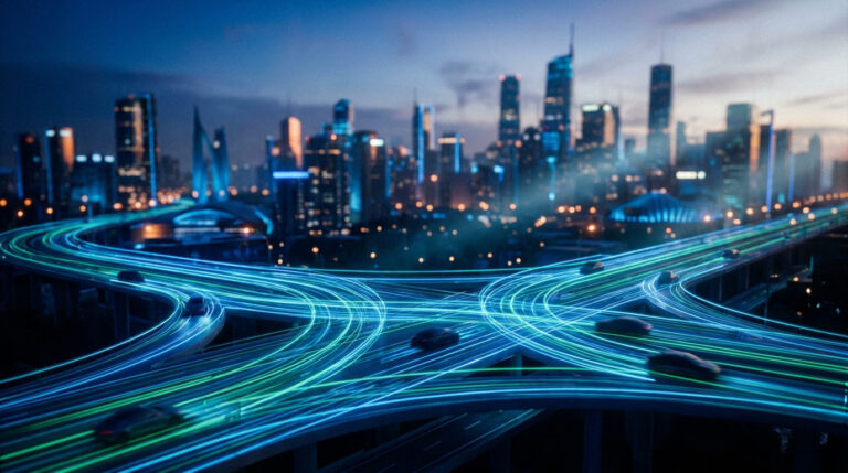 Échangeur autoroutier lumineux dans une ville moderne la nuit. Voitures connectées par des traînées de lumière bleue et verte, évoquant la technologie IA.