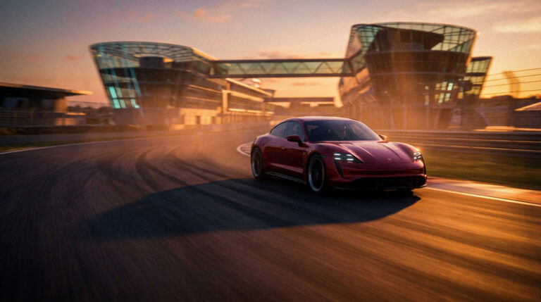 Une Porsche Taycan rouge roulant sur une piste de course au coucher du soleil devant une structure moderne.