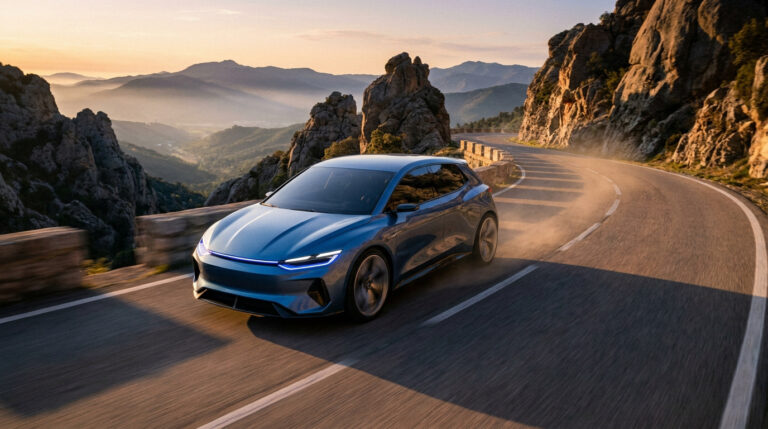 Une Volkswagen ID. Polo GTI bleue roulant sur une route de montagne sinueuse au coucher du soleil.