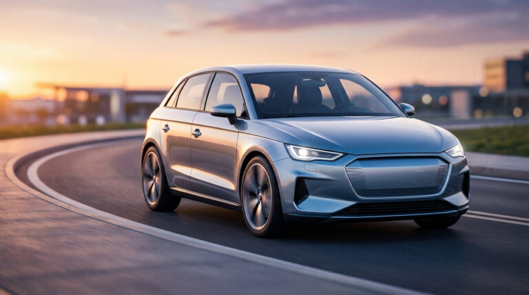 Une voiture Audi A2 e-tron argentée roulant sur une route courbe au coucher du soleil.