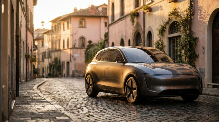 Une voiture électrique moderne et profilée circulant dans une rue pavée pittoresque au coucher du soleil.