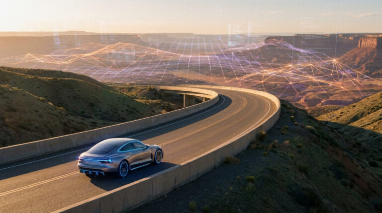 Voiture électrique futuriste roulant sur une route sinueuse avec un hologramme de données en arrière-plan.