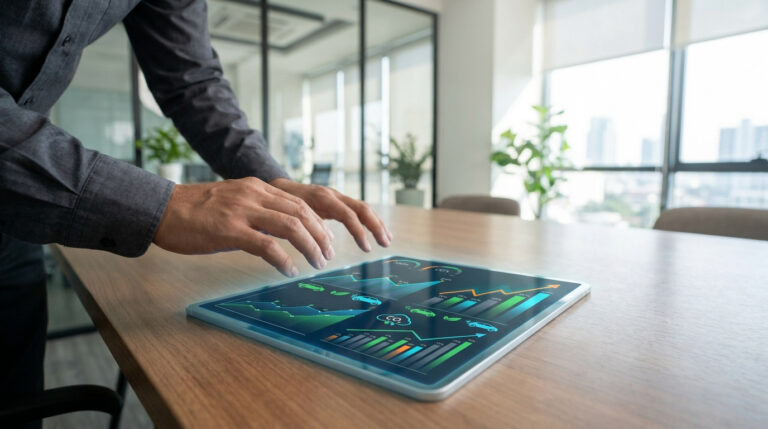 Un professionnel utilise une tablette interactive affichant des graphiques de données environnementales et automobiles.